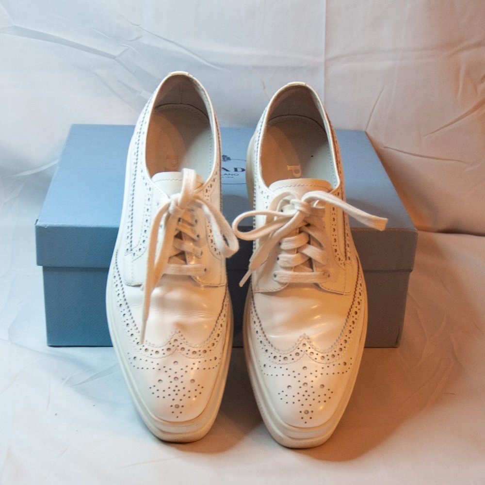 Prada White Leather Wingtip Oxfords - Picture 2 of 13